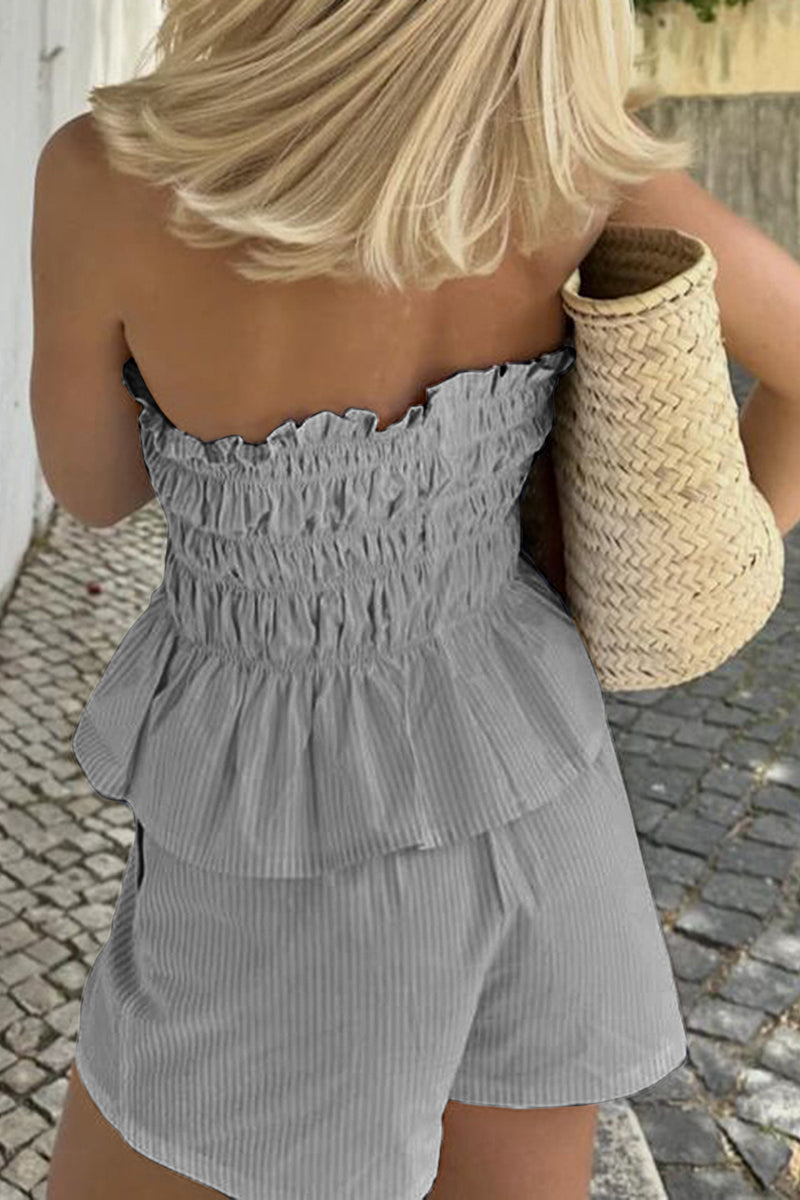 Smocked Strapless Casual Set with Ruffles