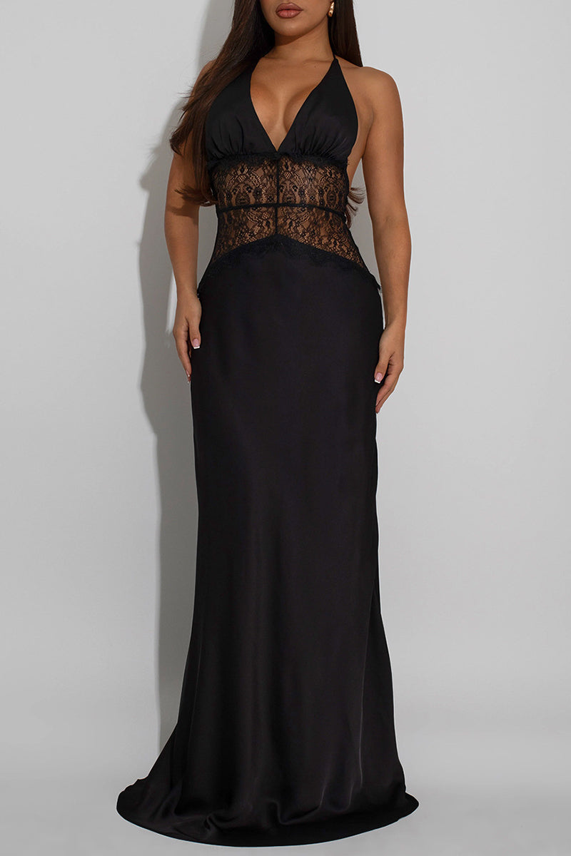 Elegant Halter Lace Detail Maxi Dress