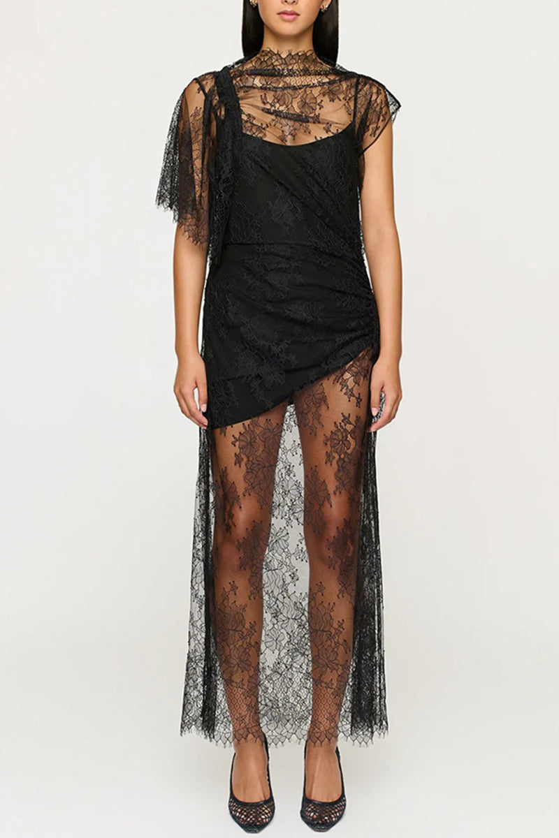 Lace Overlay Casual Dress with Sheer Details