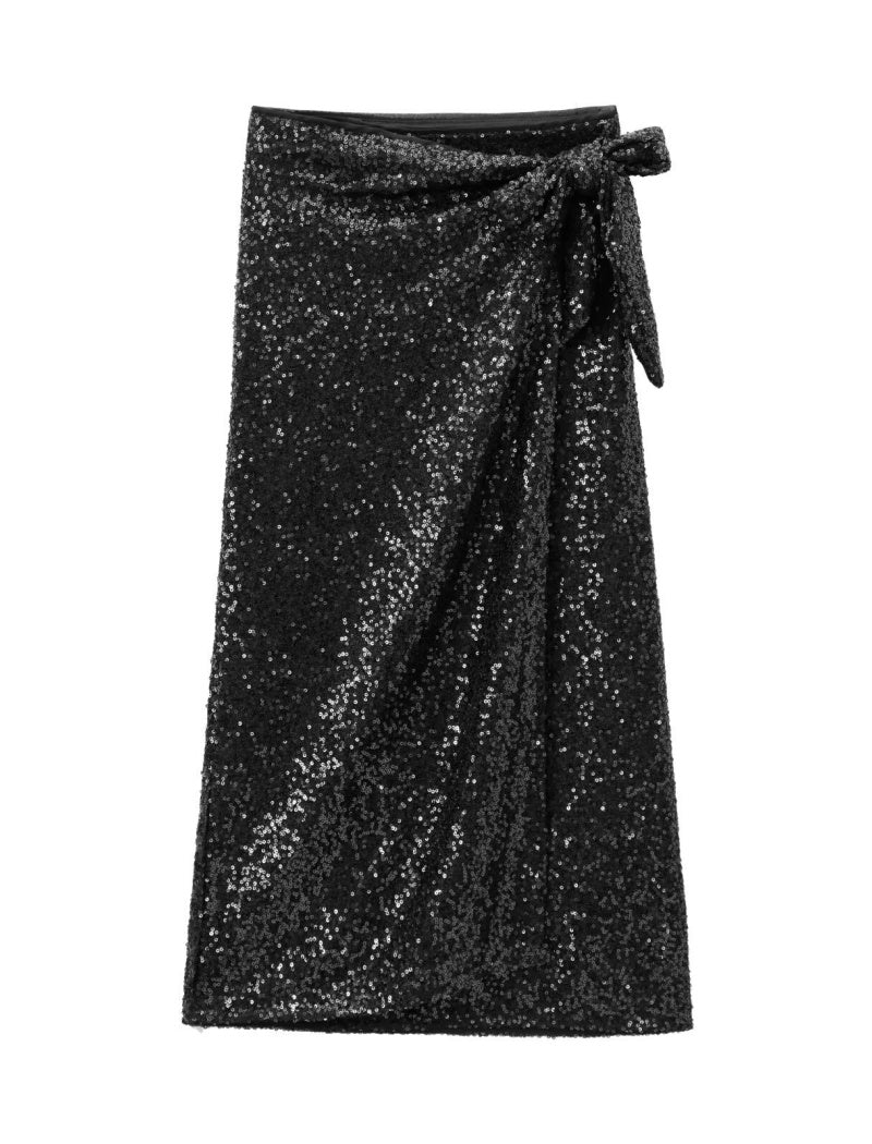 Sequin Wrap Midi Skirt with Side Tie