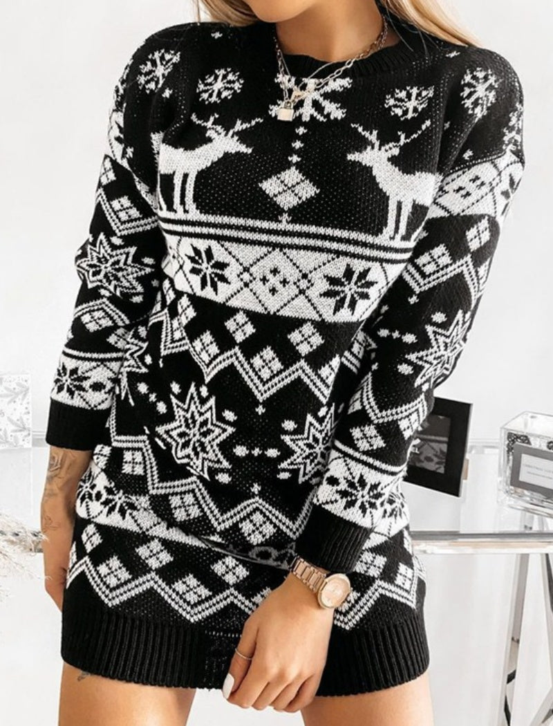 Reindeer Patterned Knit Sweater Dress