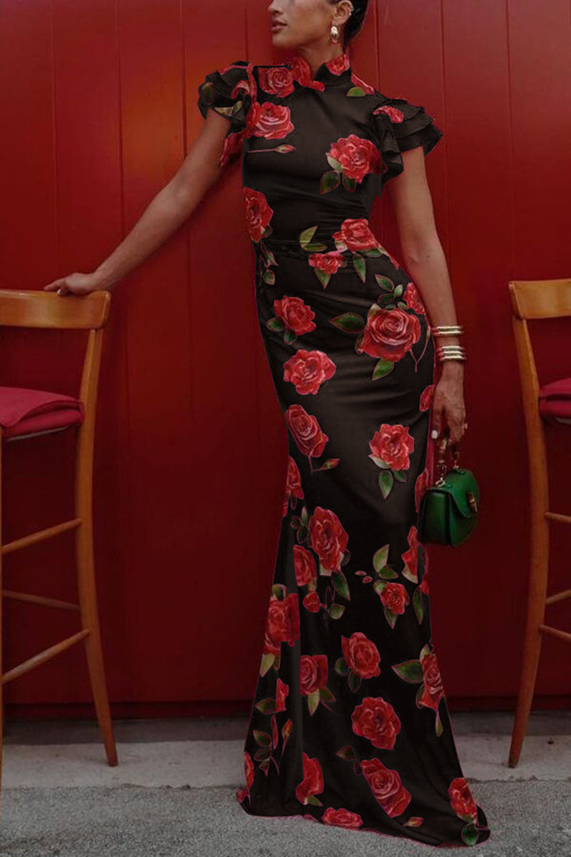 Floral High-Neck Bodycon Maxi Dress