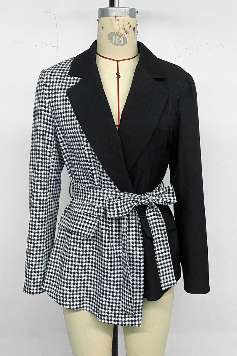 Houndstooth Wrap Blazer with Waist Tie