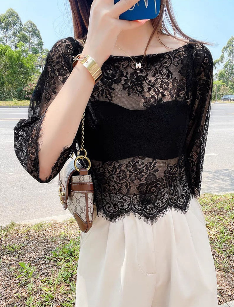 Floral Lace Overlay Sheer Blouse