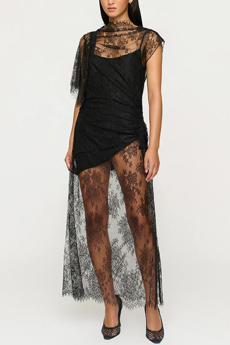 Lace Overlay Casual Dress with Sheer Details