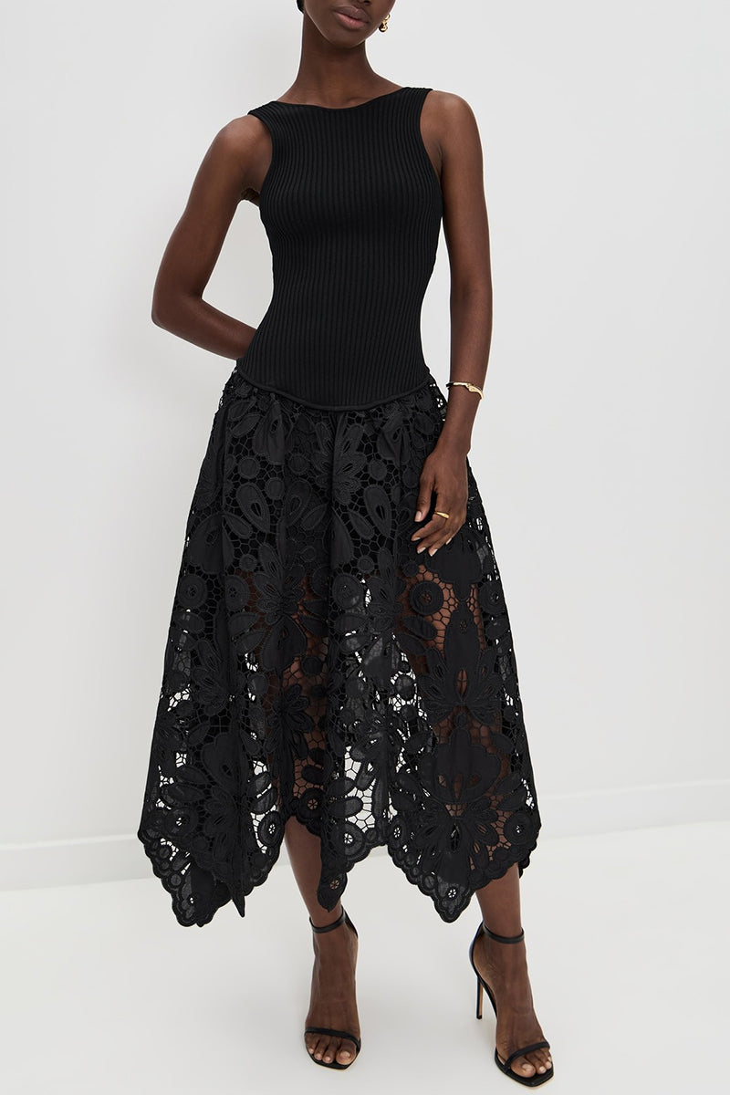 Asymmetric Lace Overlay Midi Dress