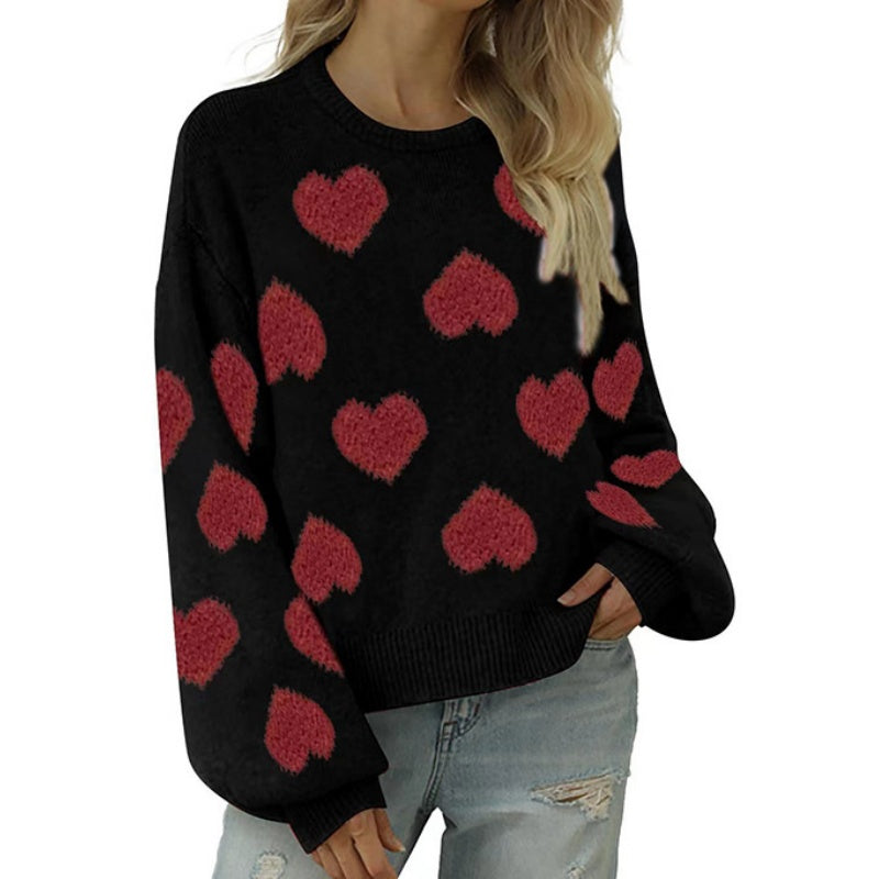 Cropped Heart-Print Long-Sleeve Sweater