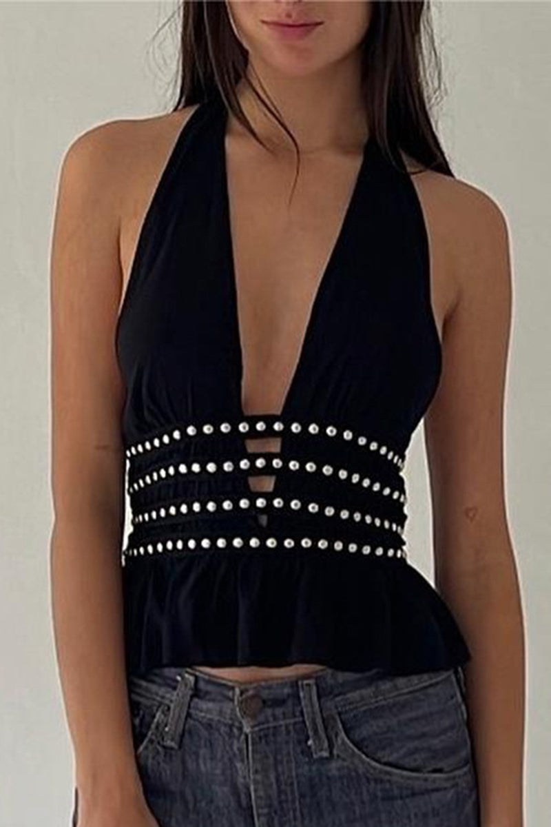 Studded Halter Cutout Tank Top