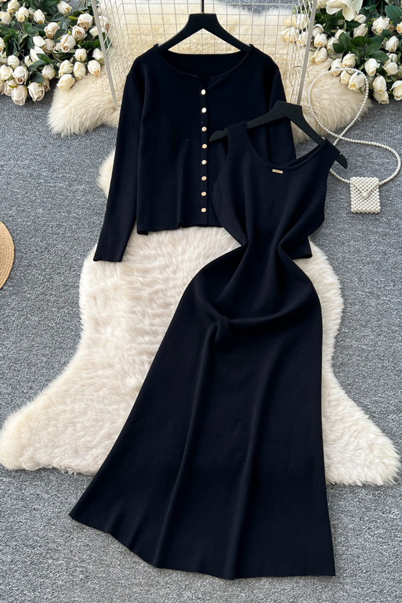 Elegant Knit Skirt Set with Buttoned Cardigan
