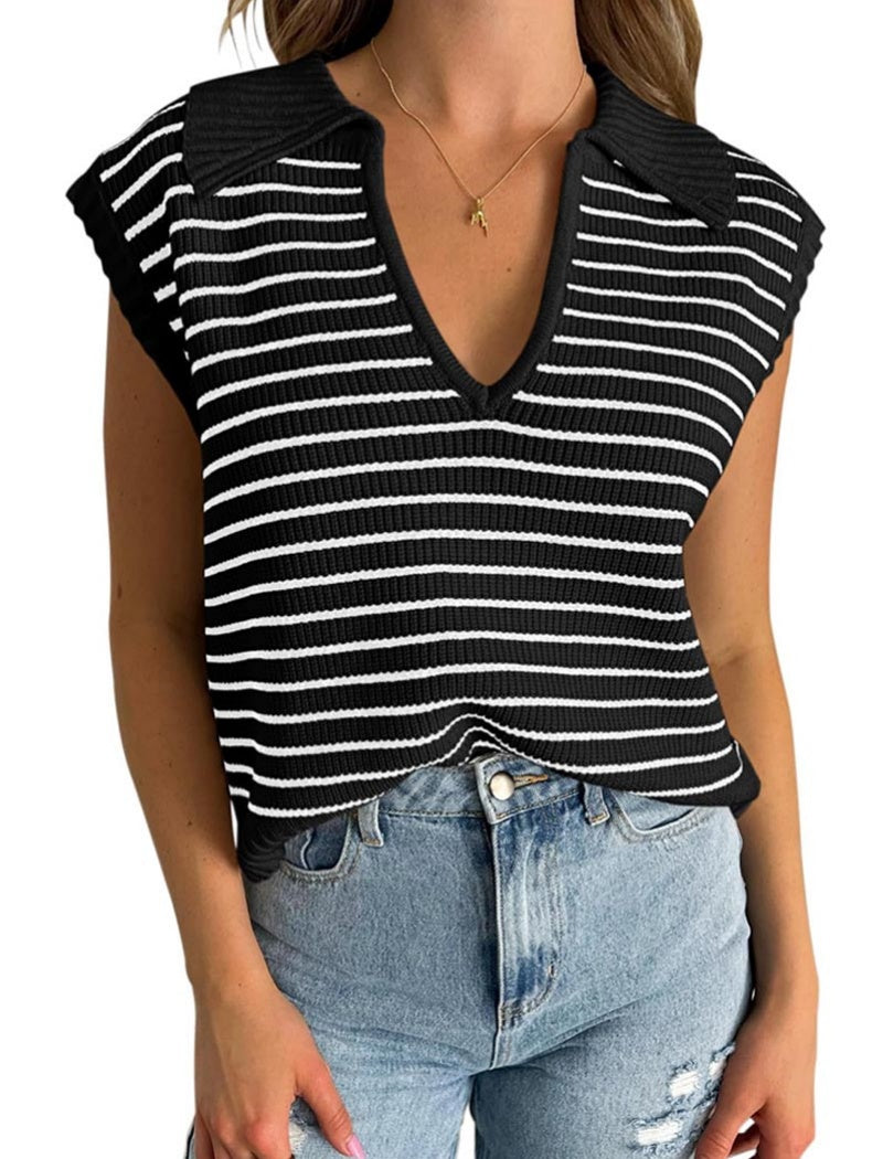 Striped Sleeveless Collared Knit Top