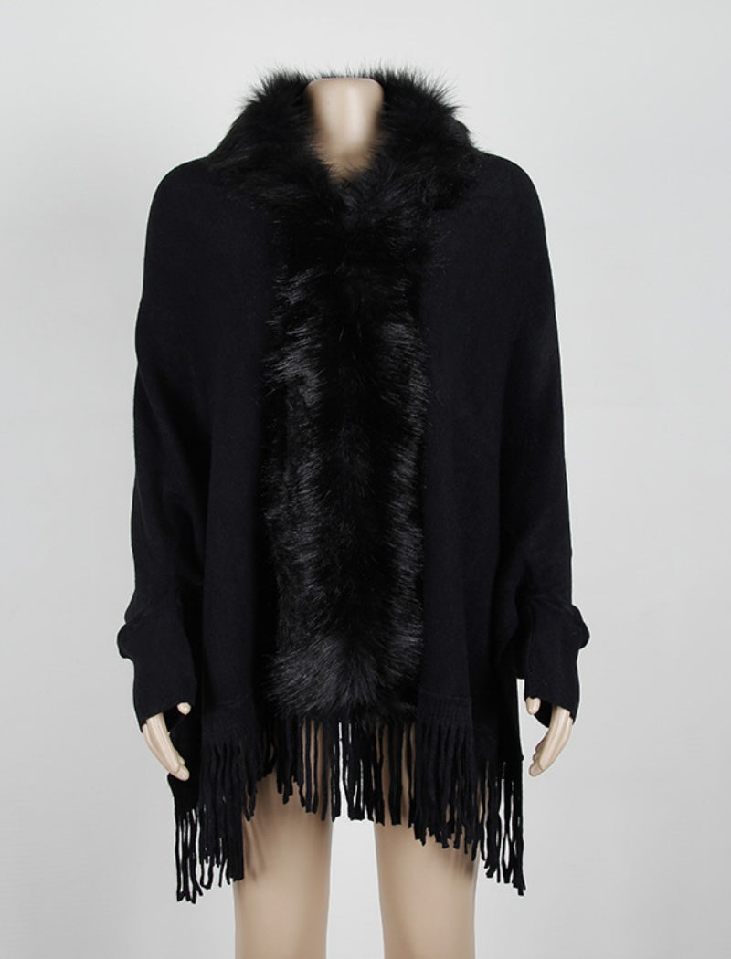 Faux Fur Trim Shawl with Fringe Detail