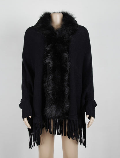 Faux Fur Trim Shawl with Fringe Detail