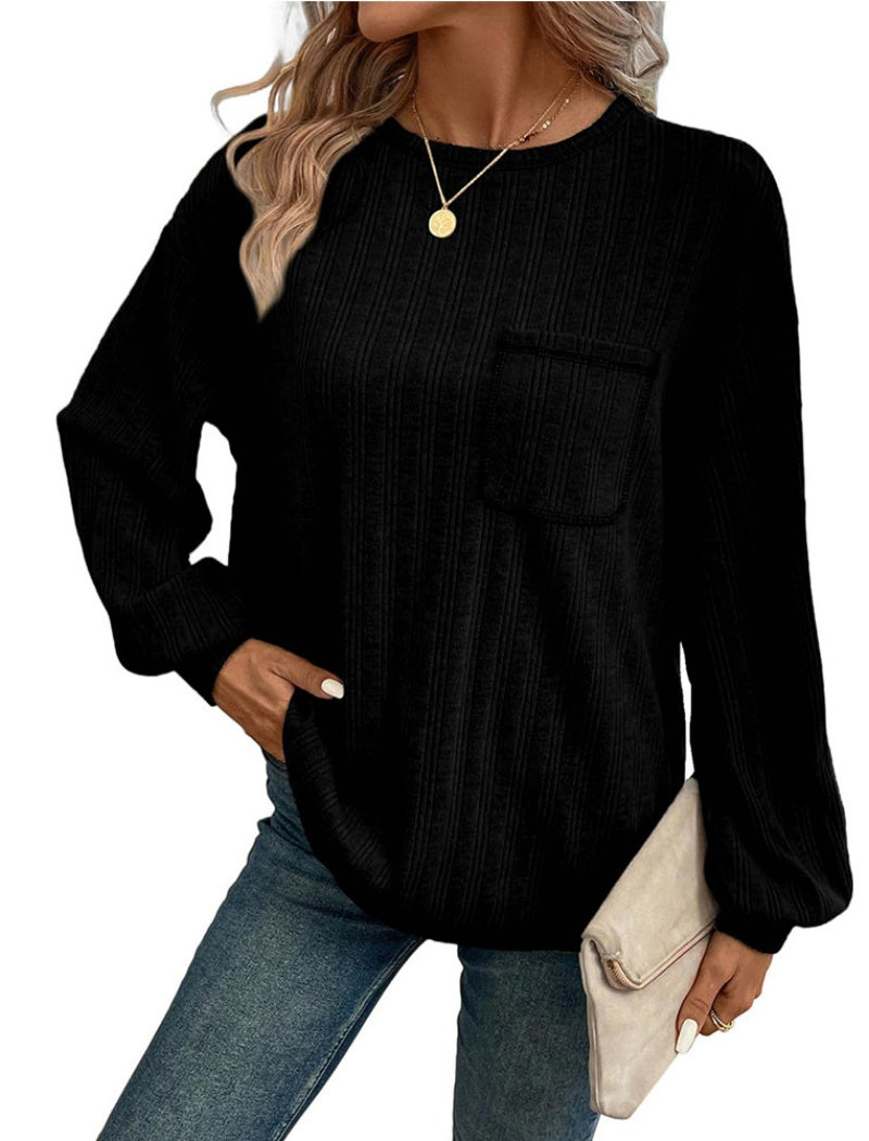 Patch Pocket Ribbed Long-Sleeve Sweater