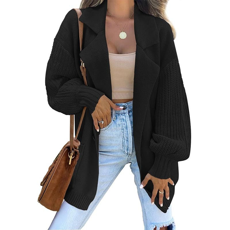 Blazer Collar Long Sleeve Knit Cardigan