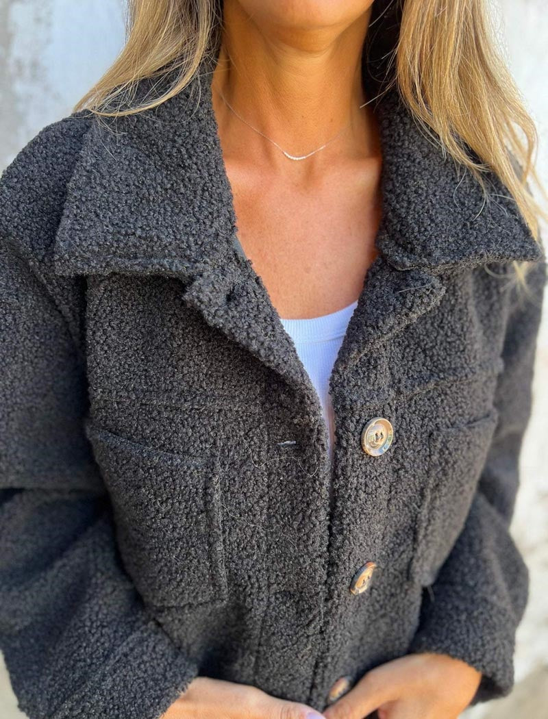 Button-Up Sherpa Jacket with Pockets