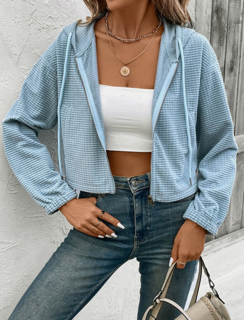 Waffle Textured Cropped Zip-Up Hoodie