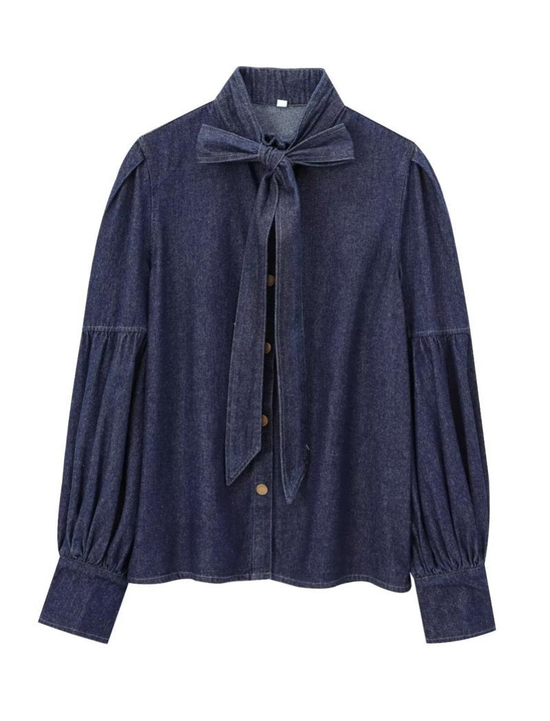 Bow-Tie Puff-Sleeve Button-Up Shirt