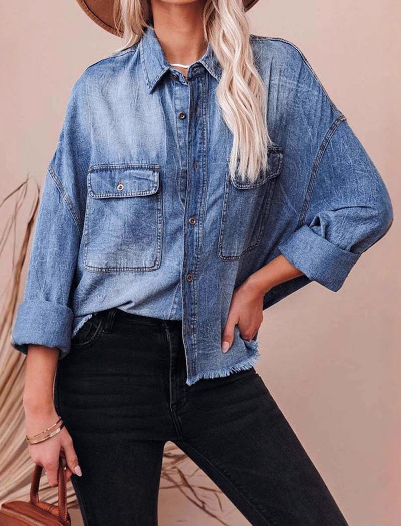 Distressed Hem Oversized Denim Shirt