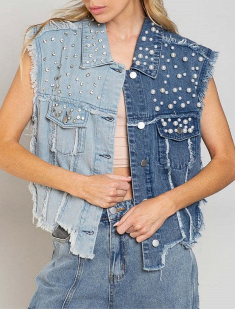 Studded Two-Tone Denim Vest