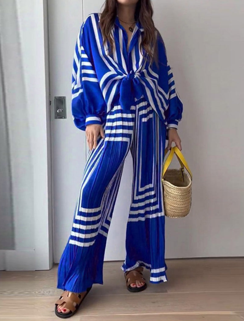 Geometric Striped Tie-Front Shirt and Pants Set