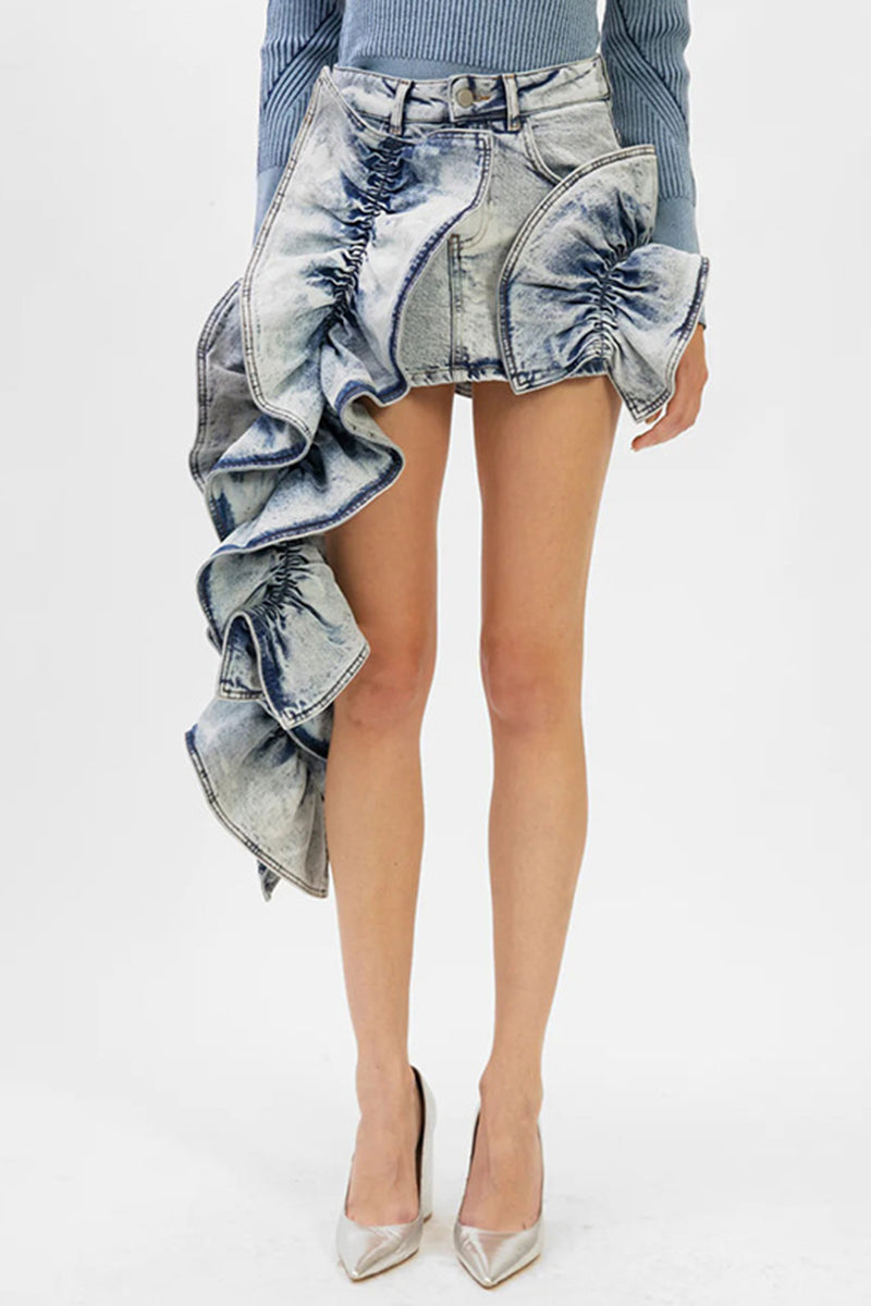 Asymmetrical Ruffle Denim Mini Skirt