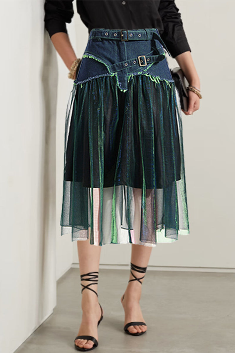 Denim Overlay Sheer Midi Skirt