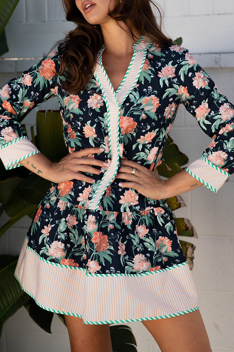 Floral Print Striped Hem Mini Dress