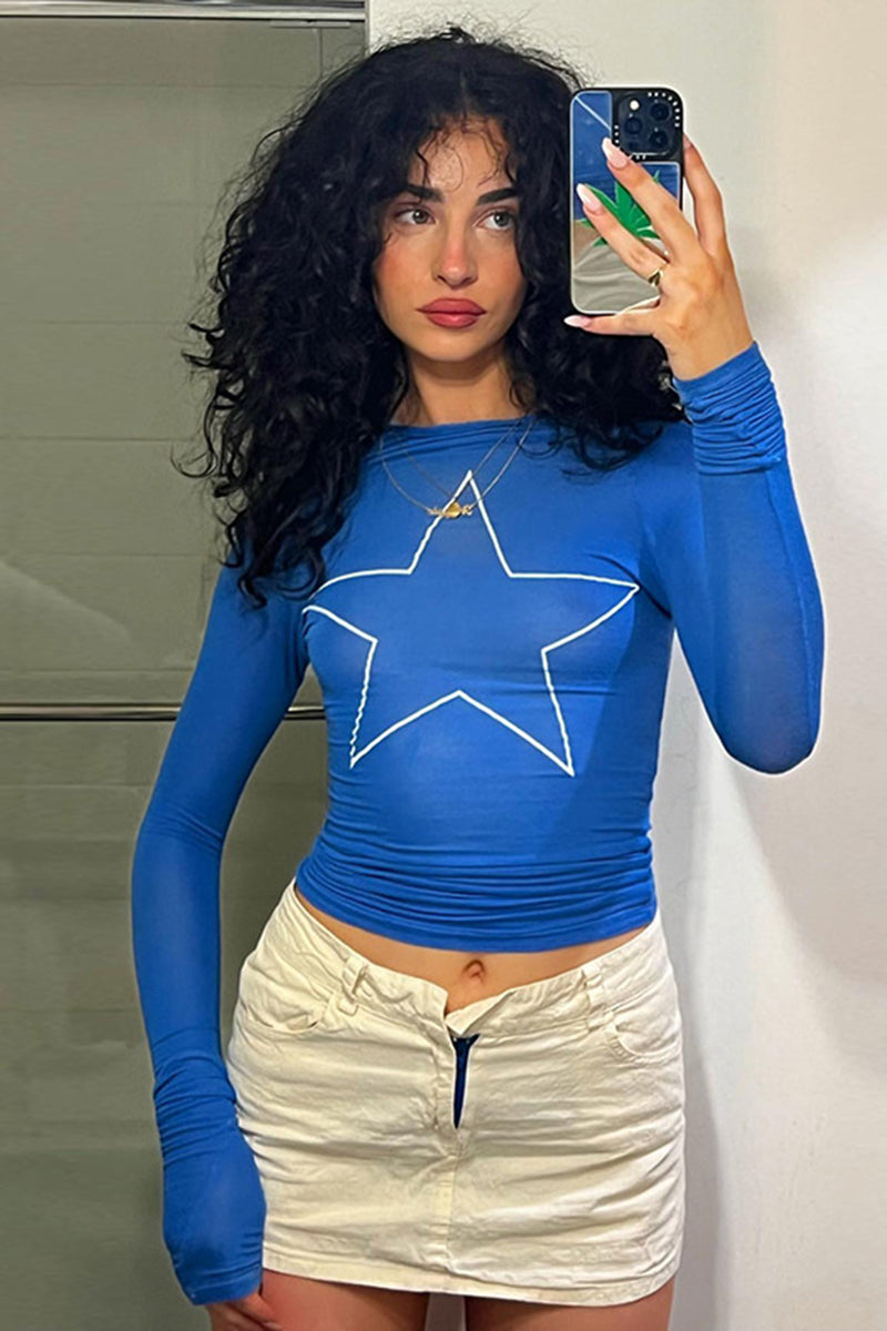 Star Print Mesh Long Sleeve Top