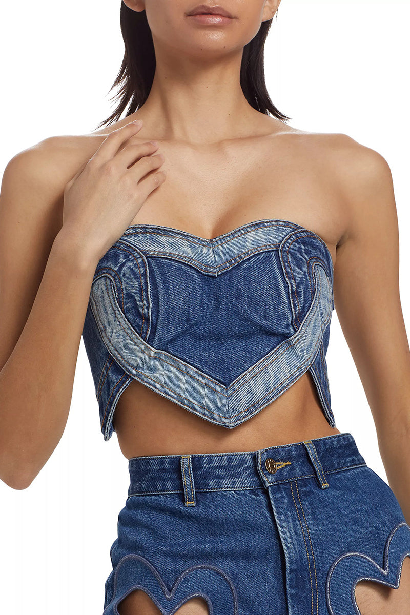 Heart-Shaped Strapless Denim Top