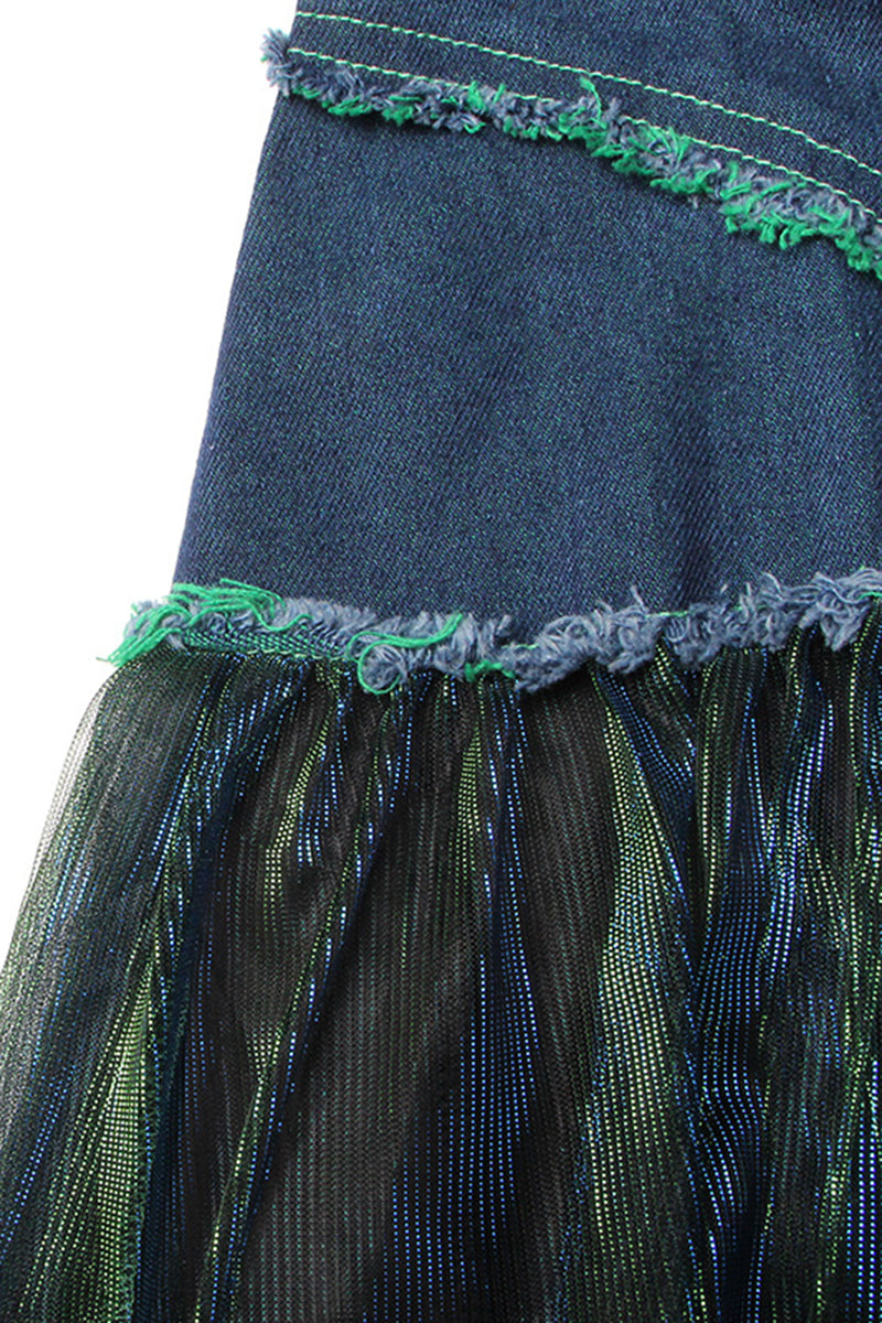 Denim Overlay Sheer Midi Skirt