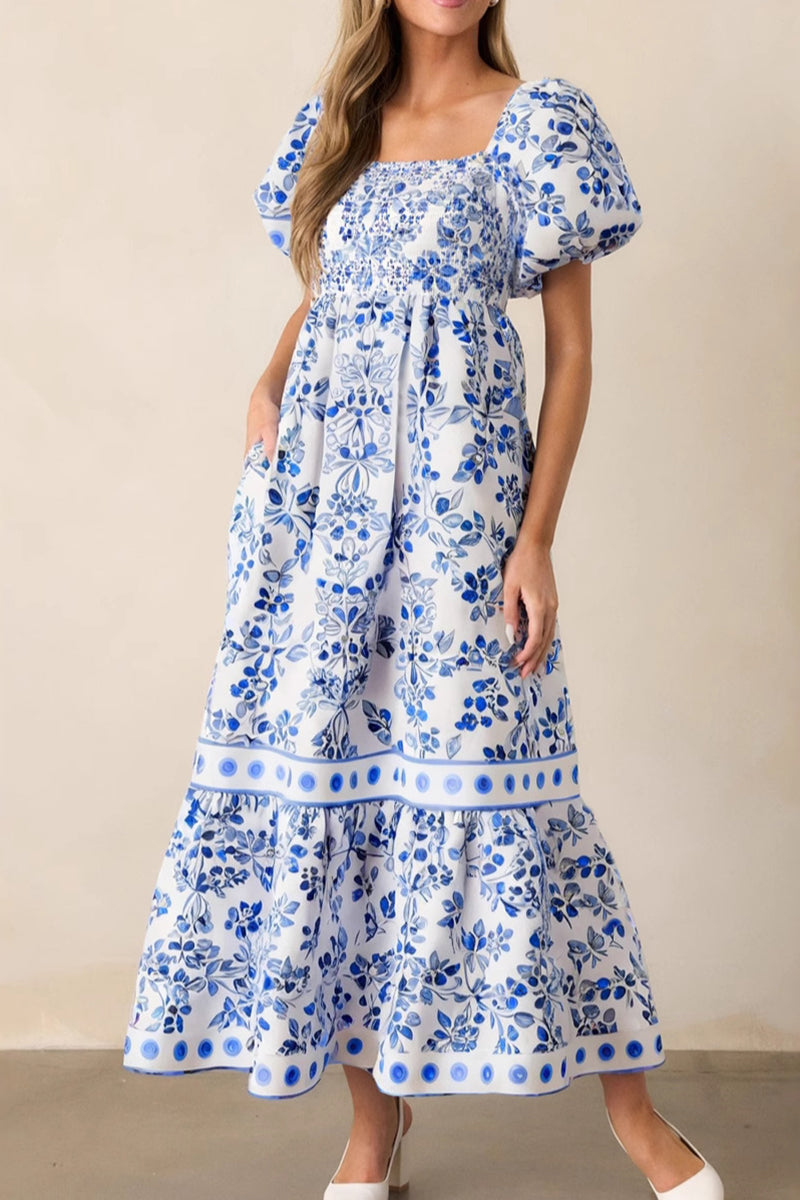 Blue and White Tiered Maxi Dress