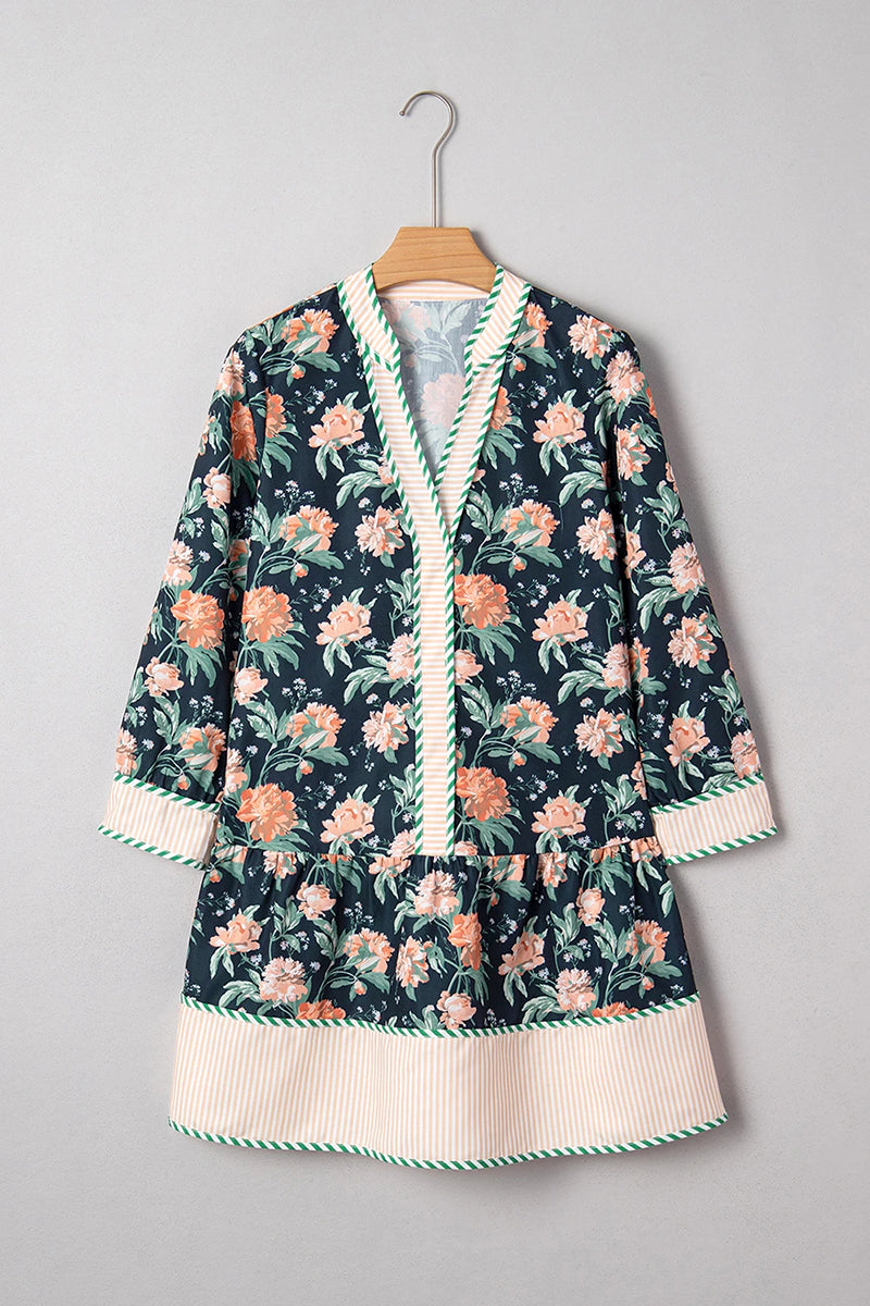 Floral Print Striped Hem Mini Dress