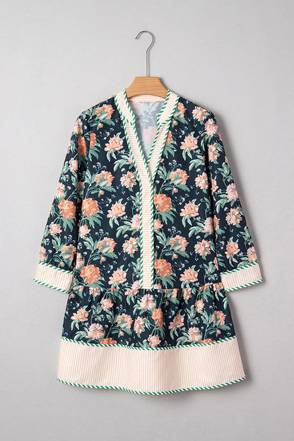 Floral Print Striped Hem Mini Dress