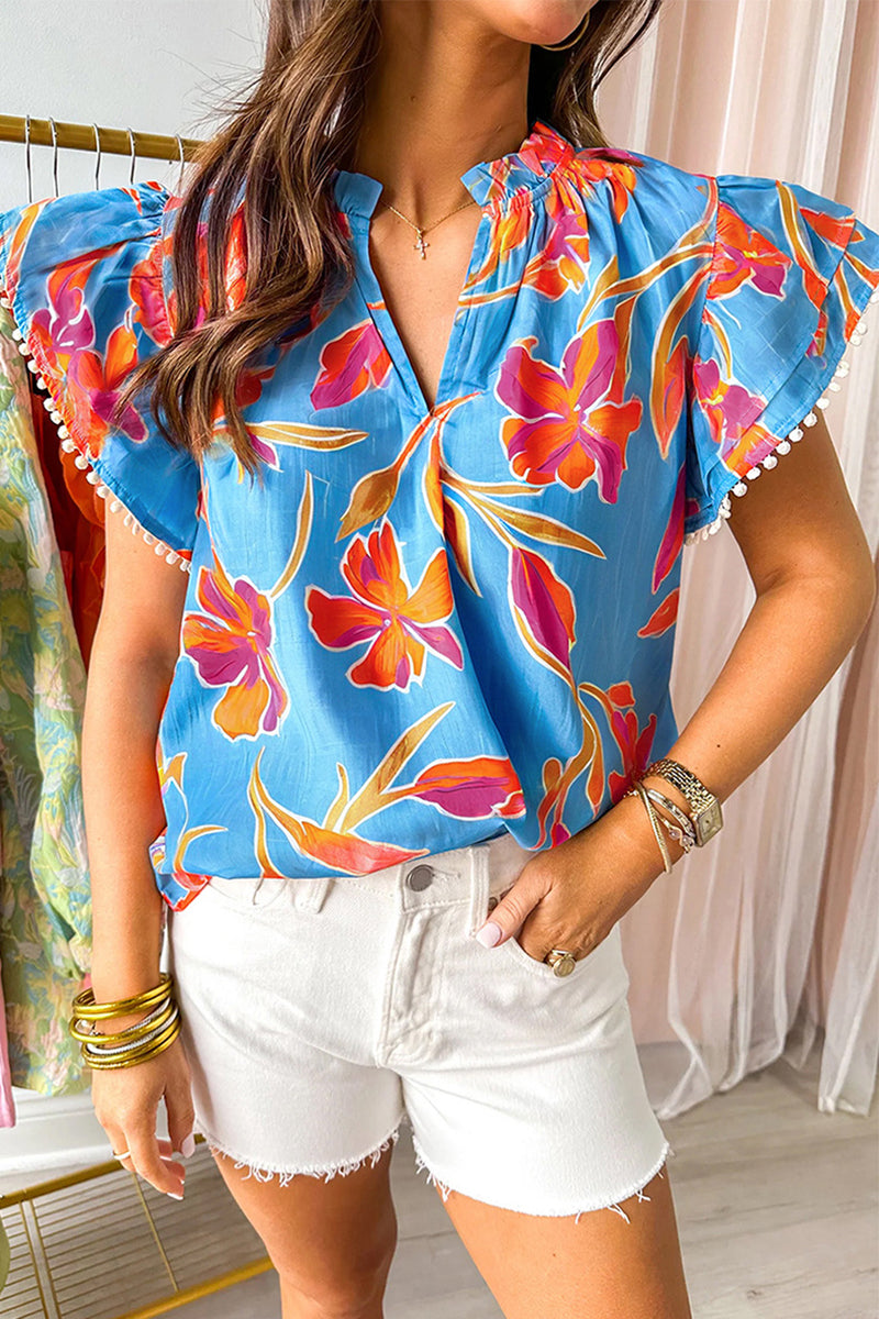 V-Neck Puff Sleeve Floral Top
