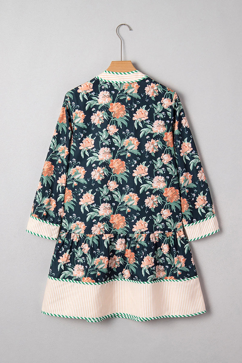 Floral Print Striped Hem Mini Dress