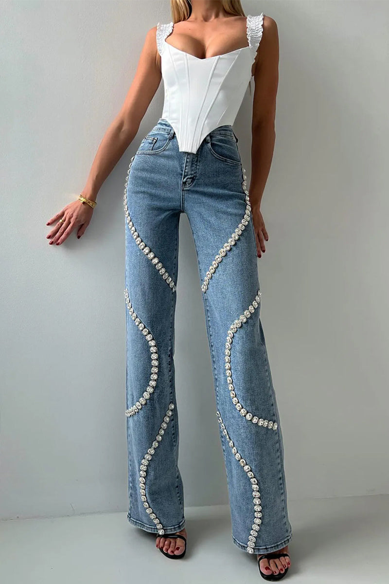 Embellished Spiral High-Waist Jeans