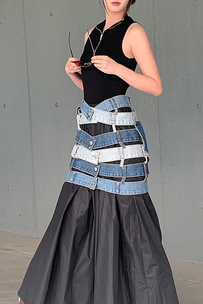 Layered Strap Denim Mini Skirt