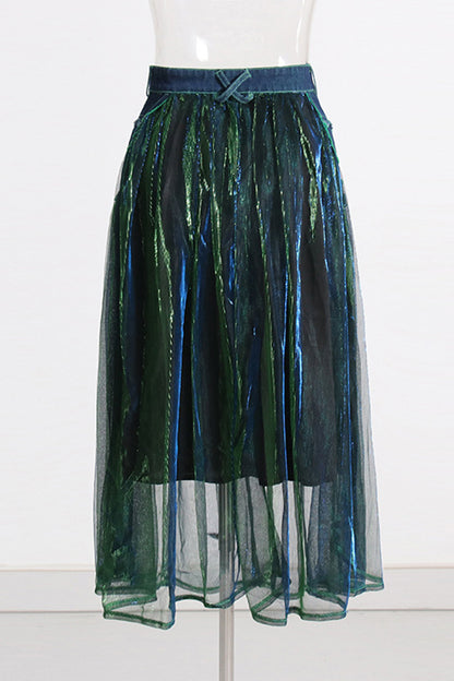 Denim Overlay Sheer Midi Skirt