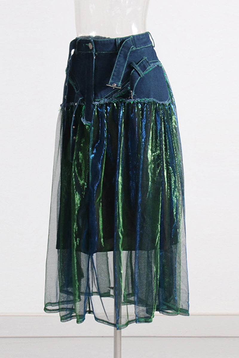 Denim Overlay Sheer Midi Skirt