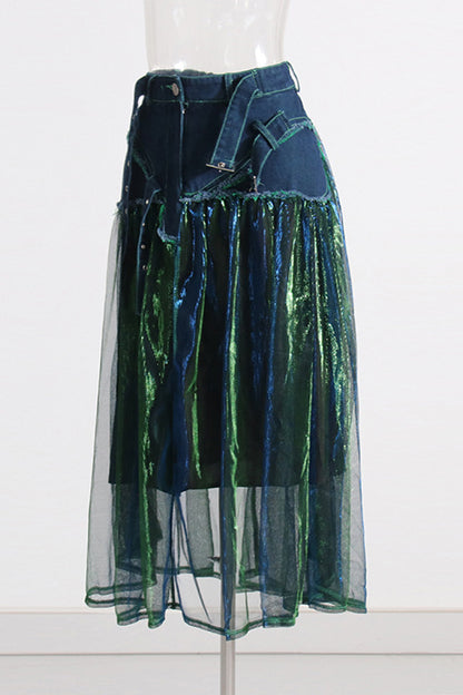 Denim Overlay Sheer Midi Skirt