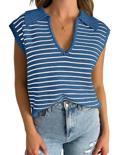 Striped Sleeveless Collared Knit Top