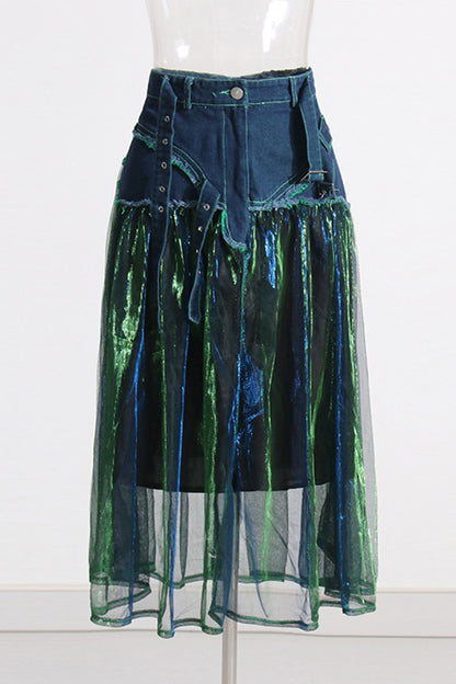 Denim Overlay Sheer Midi Skirt