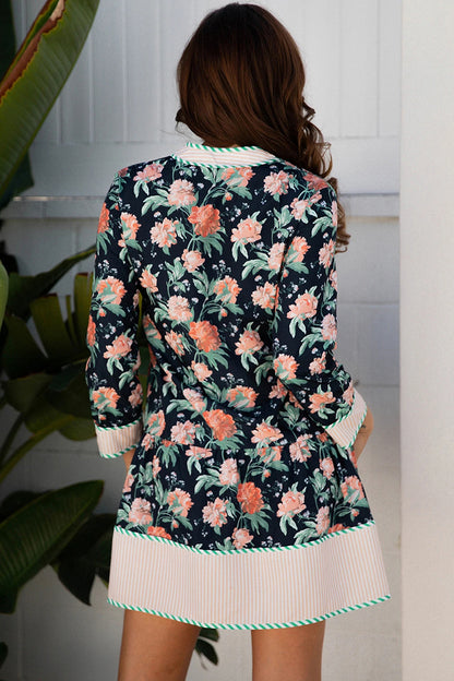 Floral Print Striped Hem Mini Dress