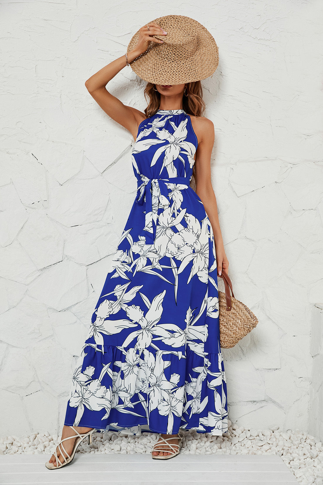 DVI407032D Tropical Print Halter Neck Maxi Dress