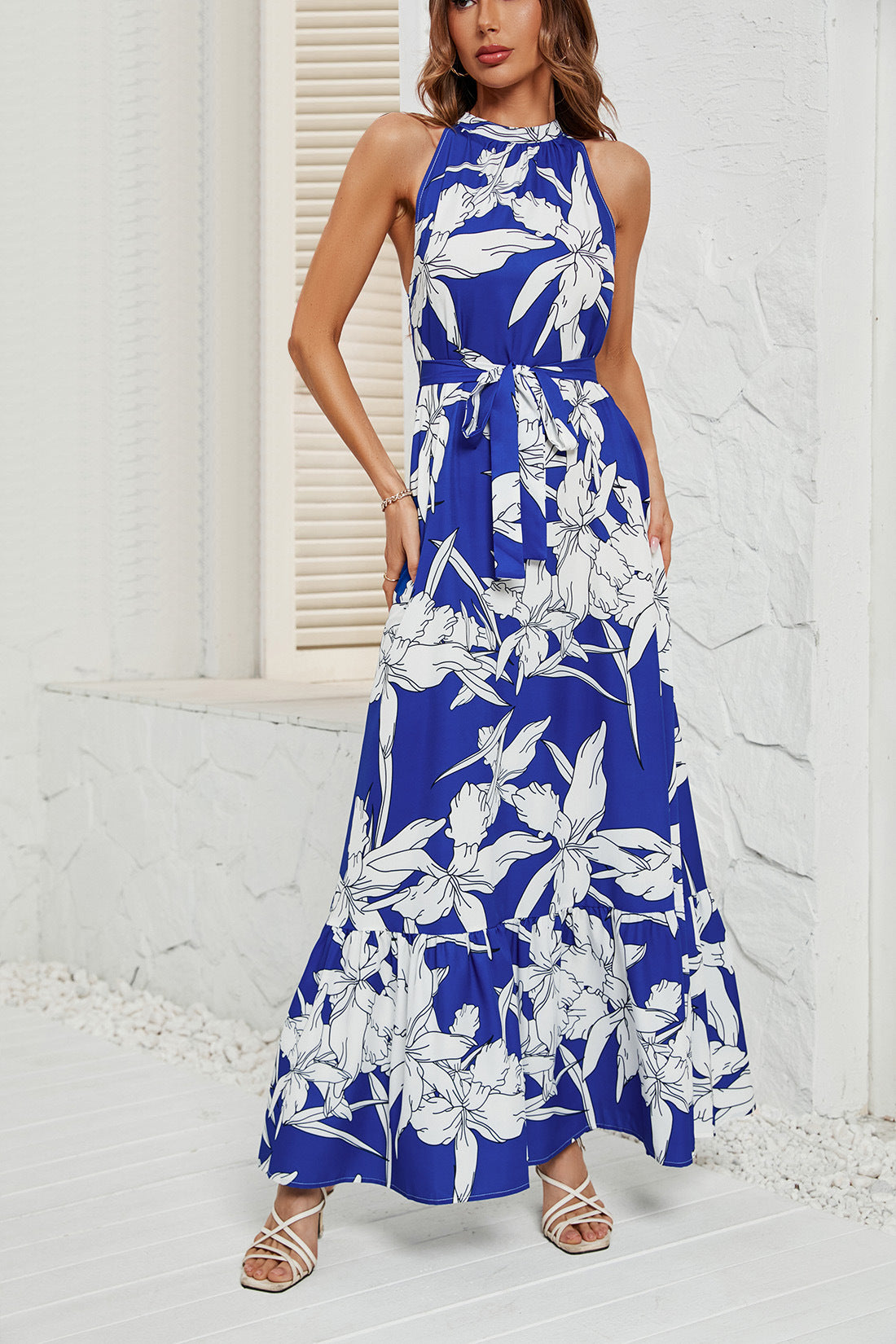 DVI407032D Tropical Print Halter Neck Maxi Dress