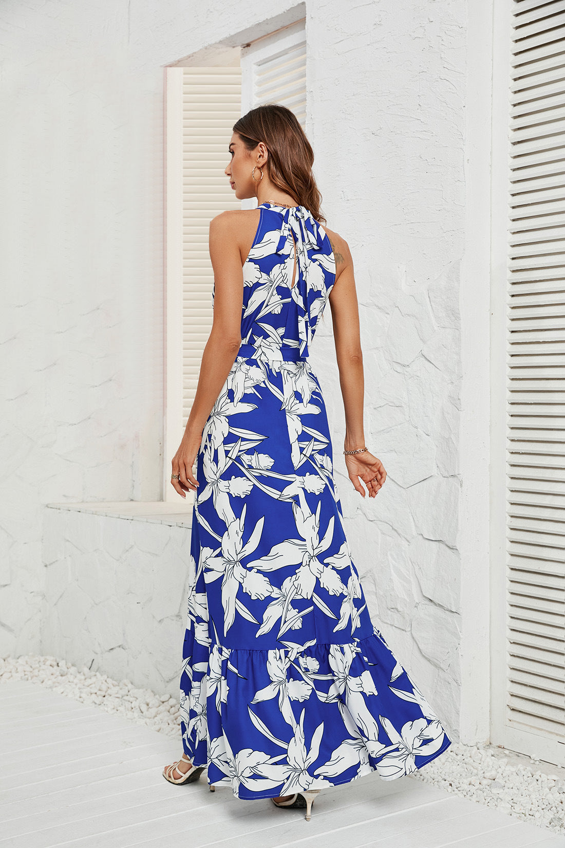 DVI407032D Tropical Print Halter Neck Maxi Dress