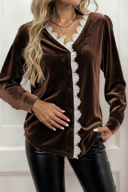 Lace Trim Button-Up Blouse