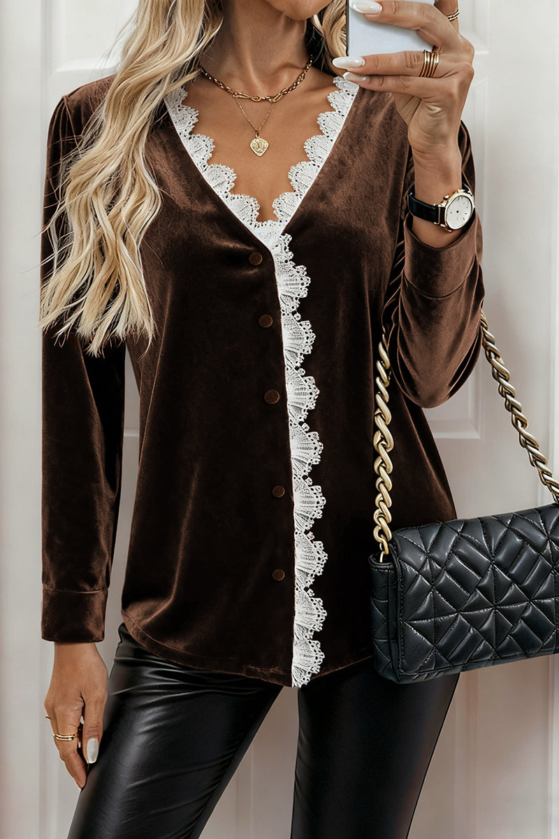 Lace Trim Button-Up Blouse