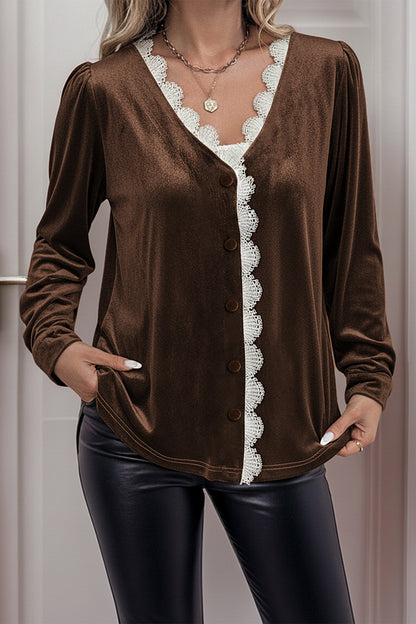 Lace Trim Button-Up Blouse