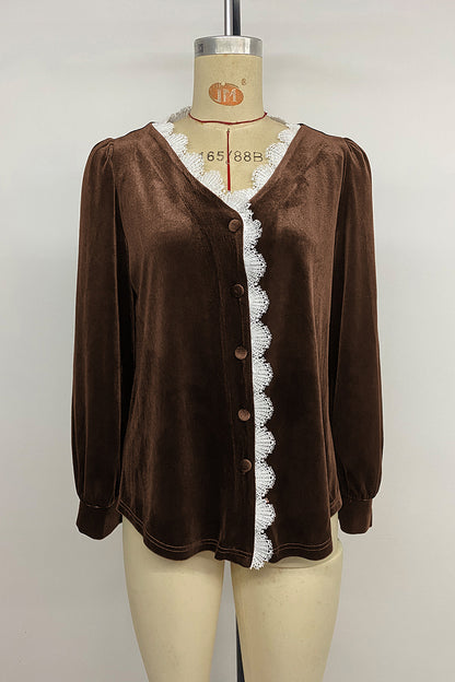 Lace Trim Button-Up Blouse